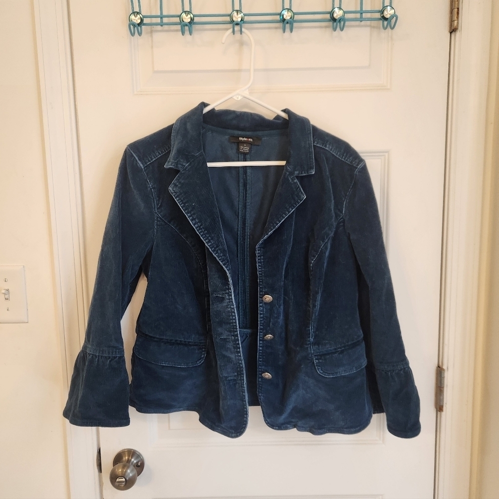 Vtg Style & Co. Button Front Blazer Jacket Blue Women's Size L Cotton #DD679